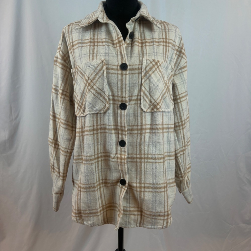 Pink Lily Cream Tan Plaid Button Front Oversized Shacket LY21-001  Medium‎